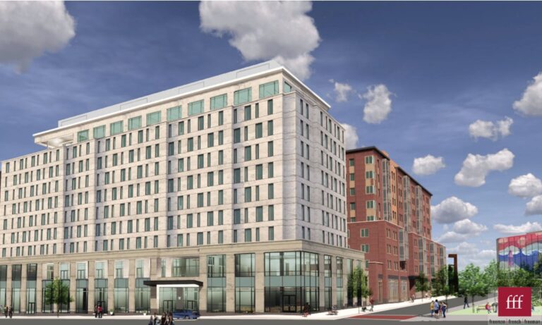 Rendering of a new complex, City Place, to be built in Burlington, Vermont. This complex will feature storefront and commercial space for rent between Bank St. and Saint Paul St.